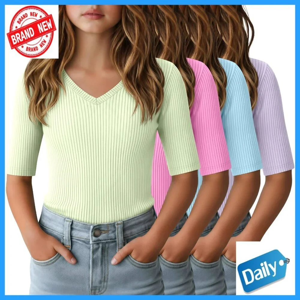 4 Pack Girls Ribbed V-Neck Half Sleeve Tees Summer Basic Tops